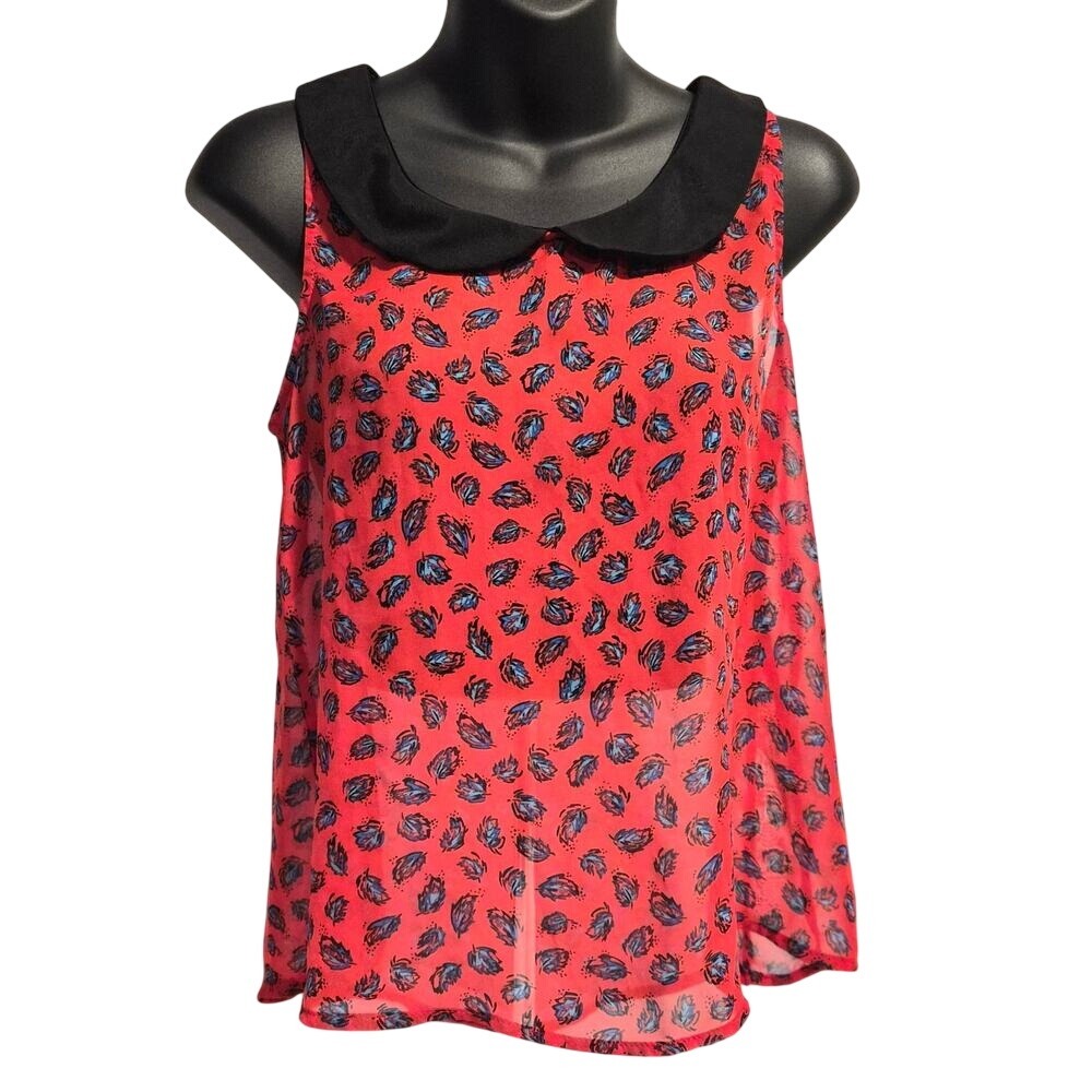 Mimi Chica Red Abstract Print Sleeveless Blouse Peter Pan Collar XS T6T571